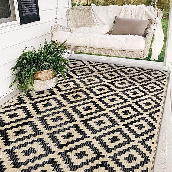 Photo 1 of SAND MINE Reversible Mats, Plastic Straw Rug, Modern Area Rug, Large Floor Mat and Rug for Outdoors, RV, Patio, Backyard, Deck, Picnic, Beach, Trailer, Camping, Black & Beige, 5' x 8'
