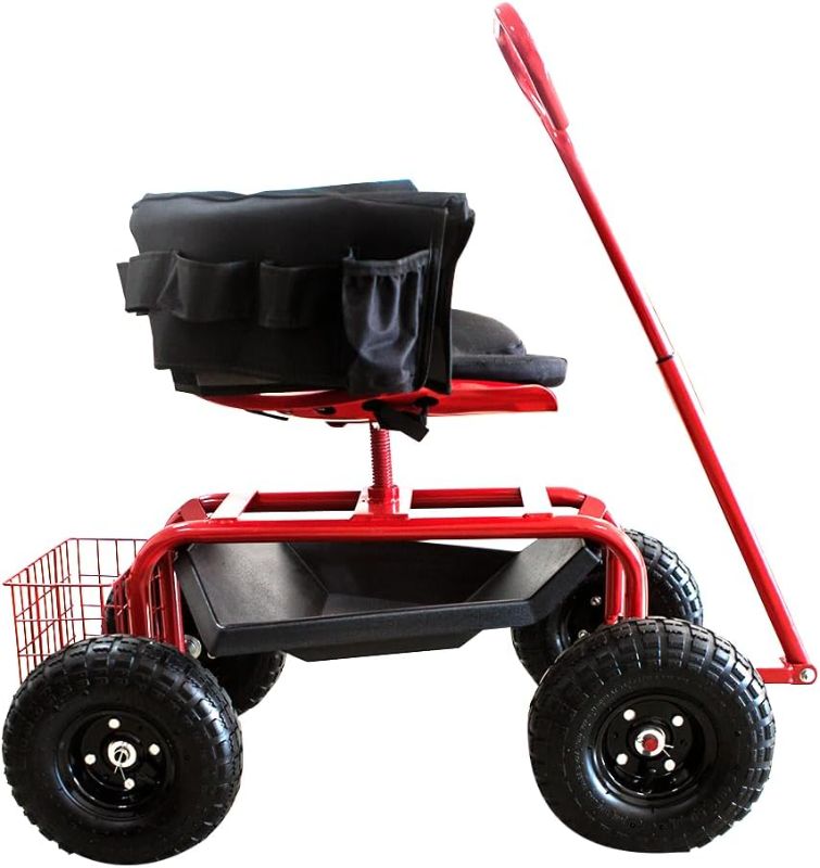 Photo 1 of THUNDERBAY Garden Cart Rolling Workseat with Wheels, 360 Degree Swivel Seat, Wagon Scooter with Steering Handle & Utility Tool Tray for Planting, with Storage Basket and Tool Pouch, Red
