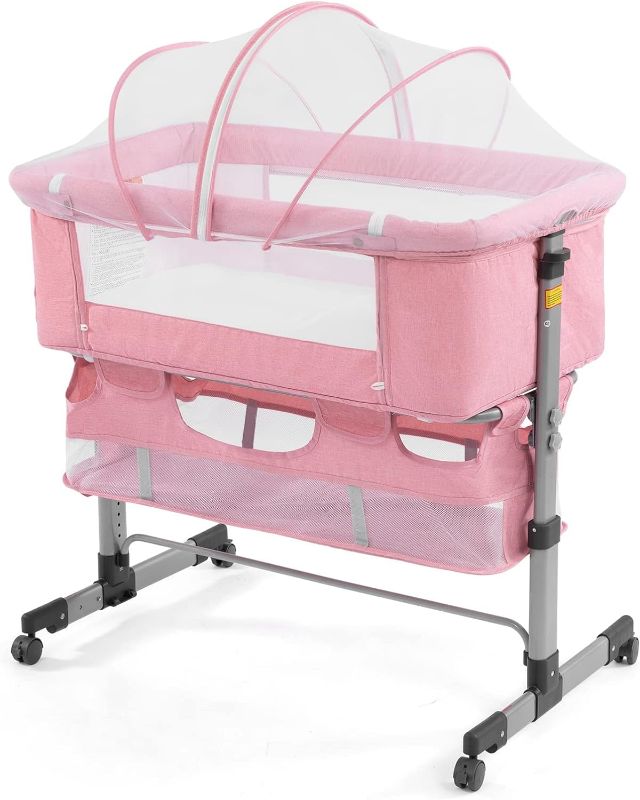 Photo 1 of YADAQE Baby Bassinet, Baby Basinet Bedside Sleeper, Easy to Fold Portable Crib Side Bassinet 2023new Style Girl/boy bassinets (Pink)
