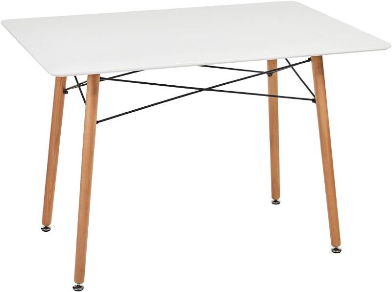 Photo 1 of GreenForest Dining Table with Slick Top Wood Legs,Modern Mid Century Kitchen Table with Black Criss-Cross Metal Bars for Dining Room,Living Room,Small Spaces,44 x 30 Inch,White
