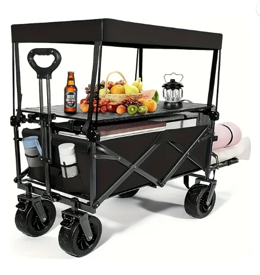 Photo 1 of Beach Wagon Cart Foldable Travel Cart for Outdoor Camping with Canopy,Tabletop, Side Pockets, and Cup Holder Can Hold up to 300 lbs
