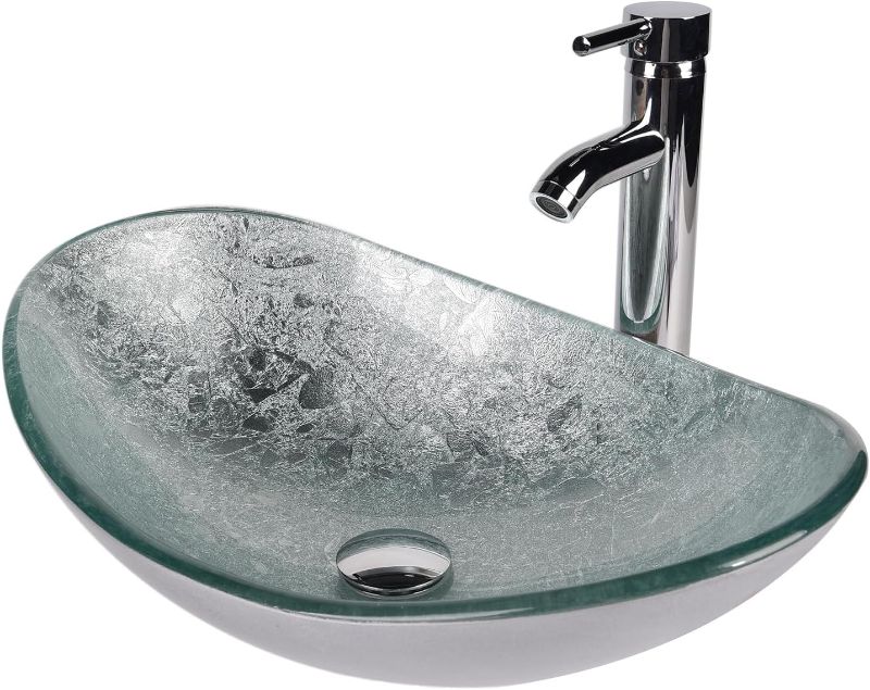 Photo 1 of Boat Shape Bathroom Artistic Glass Vessel Sink Free Chrome Faucet Chrome Pop-up Drain,Silver
