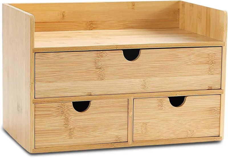 Photo 1 of Bamboo Desk Organizer with Drawers Small Desktop Drawers for Countertop Mini Tabletop Storage Container with Drawers for Home Office No Assembly Required
