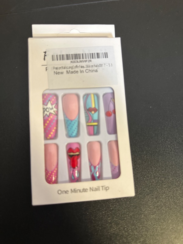 Photo 1 of Press on Nails Extra Long Coffin Fake Nails Sexy Lips Colorful Graffiti with Cherry Designs False Nails 24 Pcs