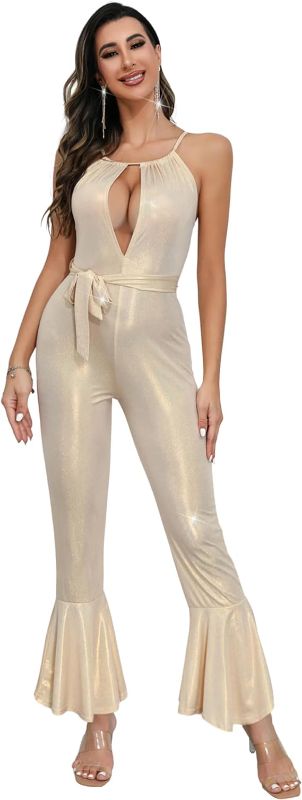 Photo 1 of Size XL--DANGCOS 70s Disco Outfit Costume for Women Sequin Dancing Queen Pink Silver Jumpsuit 60s 70s Halloween Cosplay