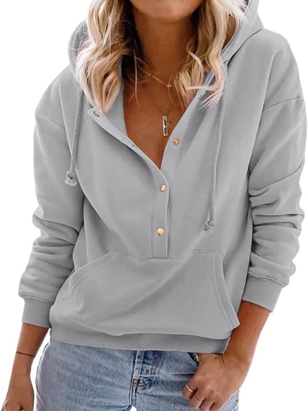 Photo 1 of Size S--Shaeueak Women's Button Hoodie Casual Long Sleeve Hooded Sweatshirt with Drawstring