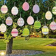 Photo 1 of 16 Pcs Easter Eggs Ornaments Reflective Outdoor Decorations Easter Tree Hanging Ornament Colorful Floral Stripes Egg Signs 