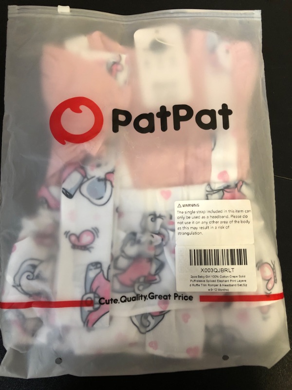 Photo 2 of Size 9/12M--PATPAT 2pcs Baby Girl 100% Cotton Crepe Solid Puff-sleeve Spliced Elephant Print Layered Ruffle Trim Romper & Headband Set