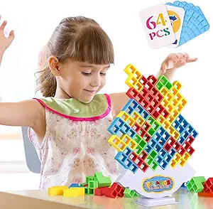 Photo 1 of  64Pcs Tetra Tower Game,Stack Attack Board Games for 2 Players Family Games Building Blocks Stacking Balance Games Toys for Kids Adults