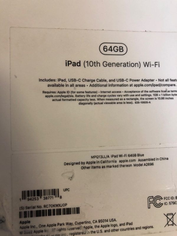 Photo 4 of Apple iPad (10th Generation): with A14 Bionic chip, 10.9-inch Liquid Retina Display, 64GB, Wi-Fi 6, 12MP front/12MP Back Camera, Touch ID, All-Day Battery Life – Blue WiFi 64GB Blue***factory sealed