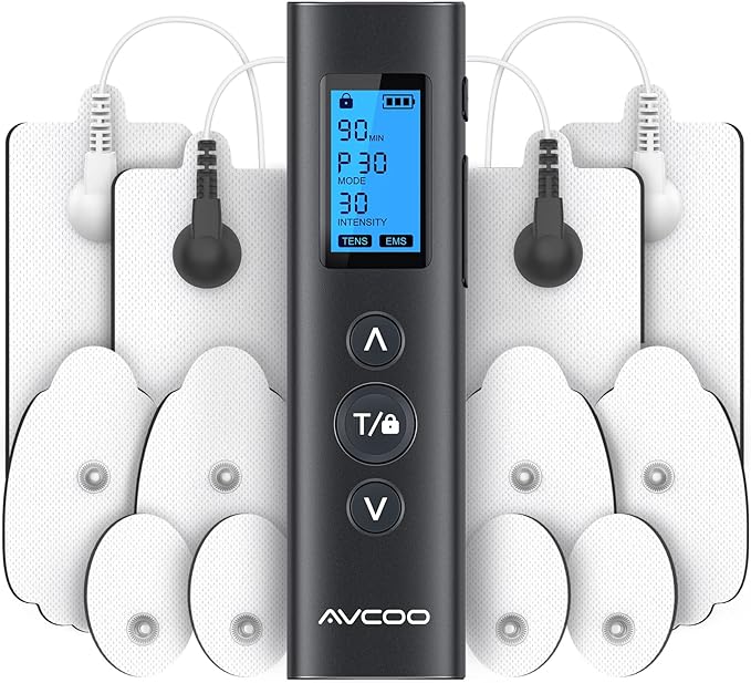Photo 1 of AVCOO 30 Modes TENS EMS Unit Compact Muscle Stimulator for Pain Relief, Rechargeable & Portable Dual Channel EMS Muscle Stimulator with 30 Intensity Levels and 12 Electrode Tens Unit Replacement Pads