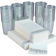 Photo 1 of 50 silver Border disposable dinner napkins and 50 silver rim disposable plastic 10 oz. cups