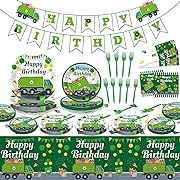 Photo 1 of  Garbage Truck Party Supplies Trash Truck Birthday Tablecloth Paper Plates Napkins Forks Happy Birthday Banner for Garbage Truck Party Decorations Serve 24 Guests