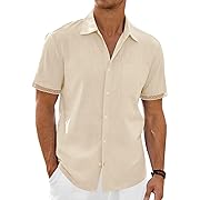 Photo 1 of Size XL--Runcati Mens Linen Short Sleeve Shirt Button Down Casual Lightweight Summer Beach Business Plain Tops Beige