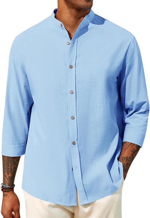 Photo 1 of Size M--Runcati Mens Casual Linen Shirts 3/4 Sleeve Button Down Banded Collar Summer Beach Shirt