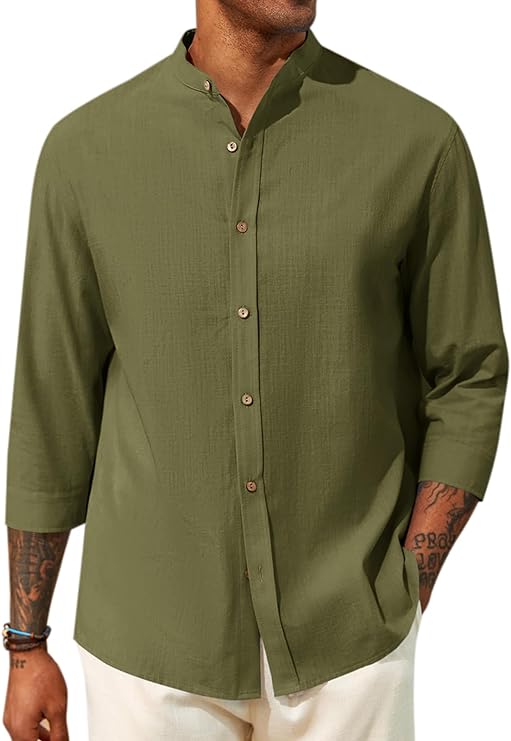 Photo 1 of Size L--Runcati Mens Casual Linen Shirts 3/4 Sleeve Button Down Banded Collar Summer Beach Shirt