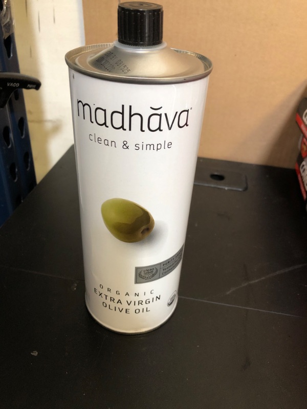 Photo 2 of exp date 08/2025---Madhava Organic Olive Oil, 1L Tin, 100% Pure, Single Source, Traceable, Cold Extracted, Non-Gmo, No Pesticides, Gluten Free, Vegan, Kosher, Extra Virgin, 33.8 Fl Oz