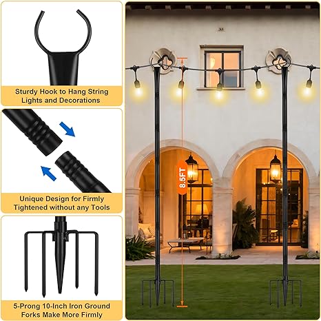 Photo 1 of String Light Poles with Hooks, 4 Pack 8.5FT Metal Light Pole for Outdoor S