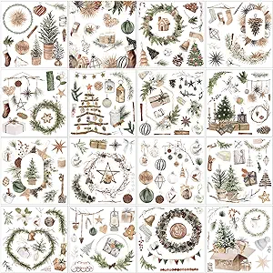 Photo 1 of Dispowreath 16 Sheets Rustic Christmas Rub on Transfers for Crafts and Furniture Xmas Tree Wreath Ball Socks Bell Stickers Rub on Decals Rub on Decals Wood Dairy Envelope Crafts, 5.9 x 5.9''
