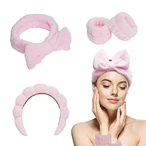 Photo 1 of Babyfond Spa Headband, 4 Pcs Face Wash Wristbands Set, Reusable Spa Skincare Towel Headband for Washing Face, Non Slip Hair Shower Puffy Makeup Headbands for Women, Preventing Liqu