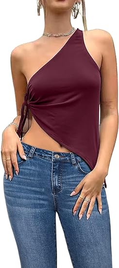 Photo 1 of Zaoqee Women's Sexy One Shoulder Sleeveless Tank Tops Cut Out Side Drawstring T Shirts  XS