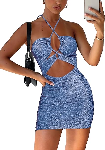 Photo 1 of Zaoqee Women's Sexy Sequin Bodycon Dresses Crisscross Ruched Glitter Halter Party Club Cocktail Mini Dress