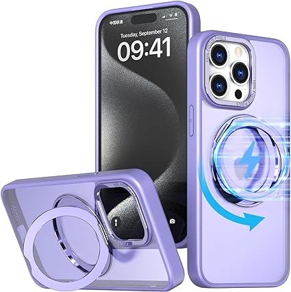 Photo 1 of PELEPUES 360° Rotatable Magnetic Ring Case for iPhone 15 Pro Max, Translucent Matte Phone Case with Stand Holder [Compatible with MagSafe], Military Shockproof Cover for iPhone 15 6.7'', Lilac
