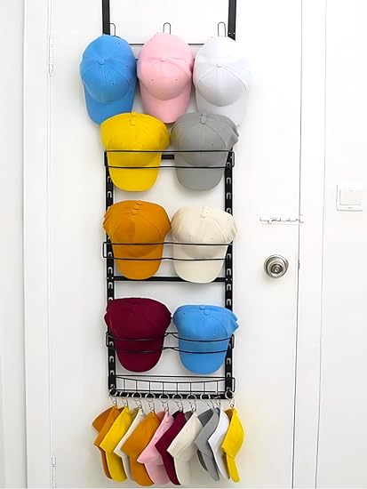 Photo 1 of VOGuadYan 3 In 1 Hat Rack Hold Up 50 Baseball Caps Include- Over The Door Hat Organizer With 3 Hooks, 6 Curved Hanging Hat Holder, Hat Hanger For Closet With 10 Clips, Adjustable Hat Hooks For Wall