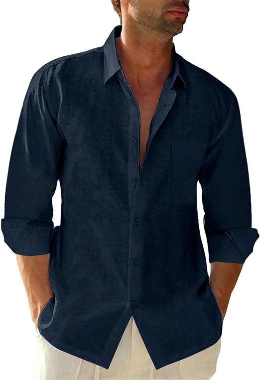 Photo 1 of JEKAOYI Button Down Linen Shirts for Men Casual Long Sleeve Regular Fit Cotton Beach Shirts with Pocket   MED 