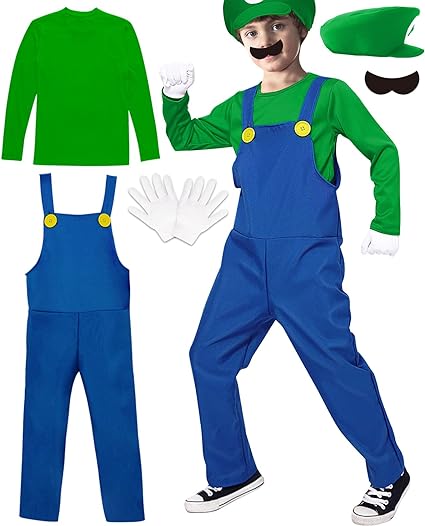 Photo 1 of   SIZE SMALL  CONGRU Plumber Costume for Kids-Plumber Costume for Boys Halloween Cosplay Jumpsuit with Hat Mustache Gloves