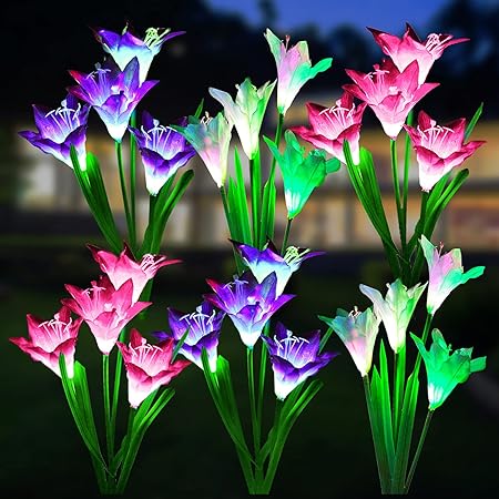 Photo 1 of WdtPro Solar Lights Outdoor Garden Decorative Flowers 6 Pack, Waterproof Solar Garden Lights with 24 Lily Flowers, Multi-Color Changing LED Solar Powered Landscape Lights for Yard Garden Patio