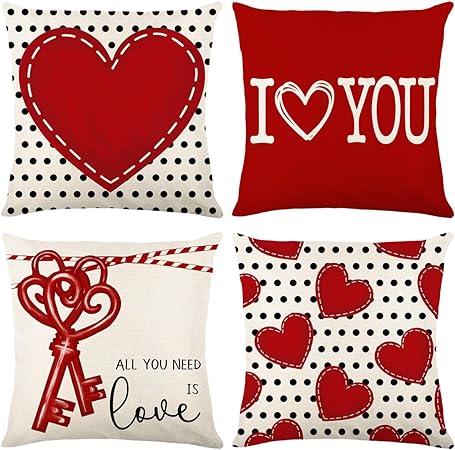 Photo 1 of wyooxoo Valentines Day Pillow Covers 18x18 Set of 4 Spring Farmhouse Decor Red Throw Pillow Covers Love Heart Decorations Throw Cushion Case for Home Decorations