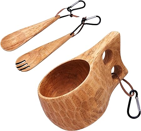 Photo 1 of GCS Handmade Kuksa Wood Camp Mug with Fork and Spoon Lightweight & Eco-Friendly Traditional Handcrafted Wooden Cup with Natural Chestnut Bushcraft or Camping Leather Lanyard