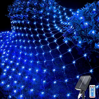 Photo 1 of Acxilexy Solar Net Lights Outdoor, 4.9 Ft x 4.9 Ft 96LEDs Mesh Fairy Lights with 8 Modes, Remote Control Net Fairy Lights, Waterproof Fairy Net Lights for Xmas Tree Lawn Bushes Fence Wall Decor
