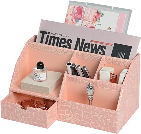 Photo 1 of BOLDFOX Pink Desk Organizer, Cute Office Supplies Desk Accessories with 5 Compartments +1 Drawer