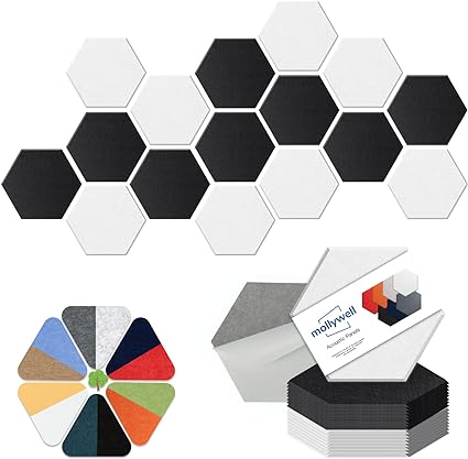 Photo 1 of Hexagon Acoustic Panels, High Density, Sound Proofing, Decorative Noise Reduction Felt Wall Tiles for Ceilings, Home Office & Gaming Room (Black and White), 14x12x0.4 Inch, Mollywell