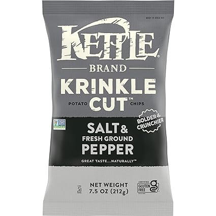 Photo 1 of   bb 05-25-2024   8 bags Kettle Brand Potato Chips, Krinkle Cut, Salt & Fresh Ground Pepper Kettle Chips, 7.5 oz Bag