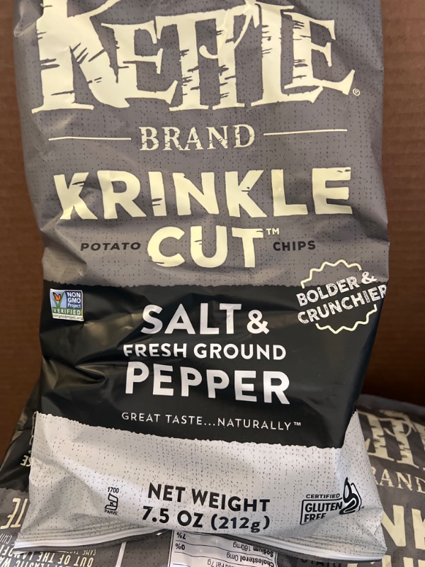 Photo 2 of   bb 05-25-2024   8 bags Kettle Brand Potato Chips, Krinkle Cut, Salt & Fresh Ground Pepper Kettle Chips, 7.5 oz Bag