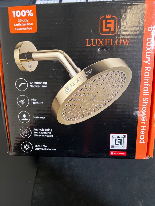Photo 2 of LUXFLOW® Shower Head & Shower Arm – Rain Shower Head High Pressure – Modern Luxury Look - Easy 3-Min Install – Universal Fit, Anti-Clogging, Adjustable Joint, Rustproof (Opulent Polished Gold, 6”) Opulent Polished Gold (6 Inch Round)