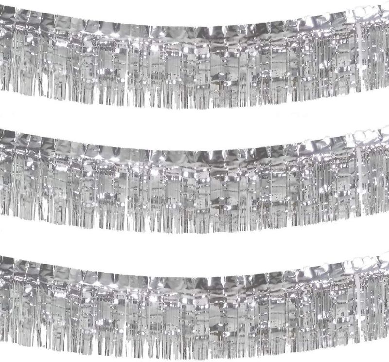 Photo 1 of Blukey 10 Feet Long Roll Metallic Fringe Garland (Set of 3) Silver Tassel Foil Banner - Party Supplies for Parade Floats, Fiesta Backdrop, Patriotic Decorations, Wedding, Birthday (Silver)