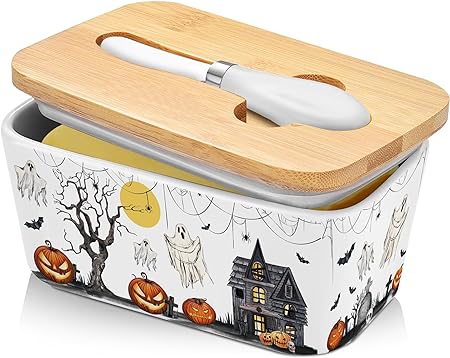 Photo 1 of Hexagram Halloween Butter Dish with Lid Knife, Halloween Decorations for Home Kitchen Indoor, Ceramic Butter Dish with Lid for Countertop, Butter Keeper with Wood Lid, Halloween Gifts for Women