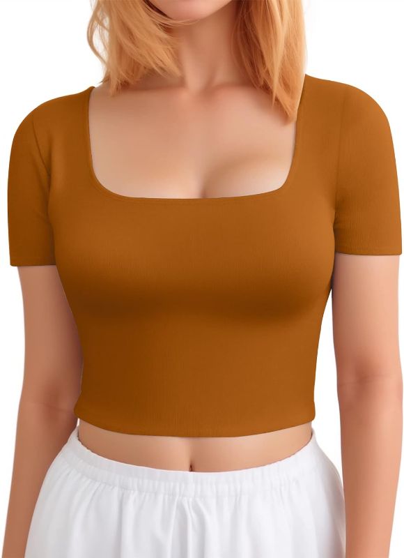 Photo 1 of SIZE L----CLOZOZ Crop Tops for Women Square Neck Tops Short Sleeve Crop Tops Basic Cropped T Shirts for Women Slim Fit Crop T-Shirt
