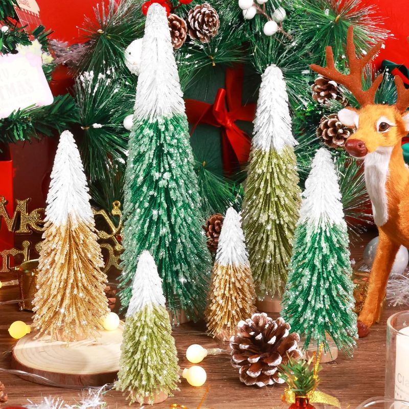 Photo 1 of Hatisan 6pcs ---Mini---- Christmas Trees Bottle Brush Trees with Wooden Base Artificial Christmas Trees Christmas Decor for Village Tabletop Party Craft Indoor Outdoor(Mixed Colors) Multicolor