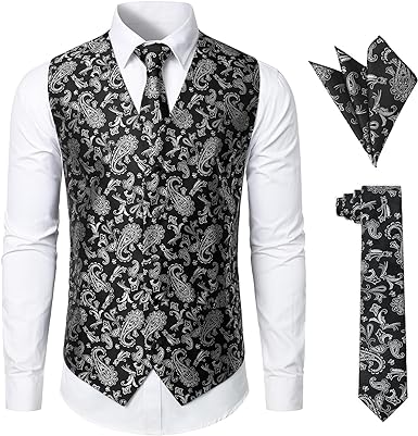 Photo 1 of JOGAL Men's 3pc Paisley Vest Necktie Pocket Square Set for Suit or Tuxedo Sz Large