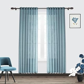 Photo 1 of Stone Blue Sheer Curtains 63 Inch Length - Linen Textured Back Tab Living Room Curtains, Blue-Grey Flax Rod Pocket Semi Sheer Curtain for Privacy, Light Flitering Drapes Boho Farmhouse Decor https://a.co/d/6TMywmX