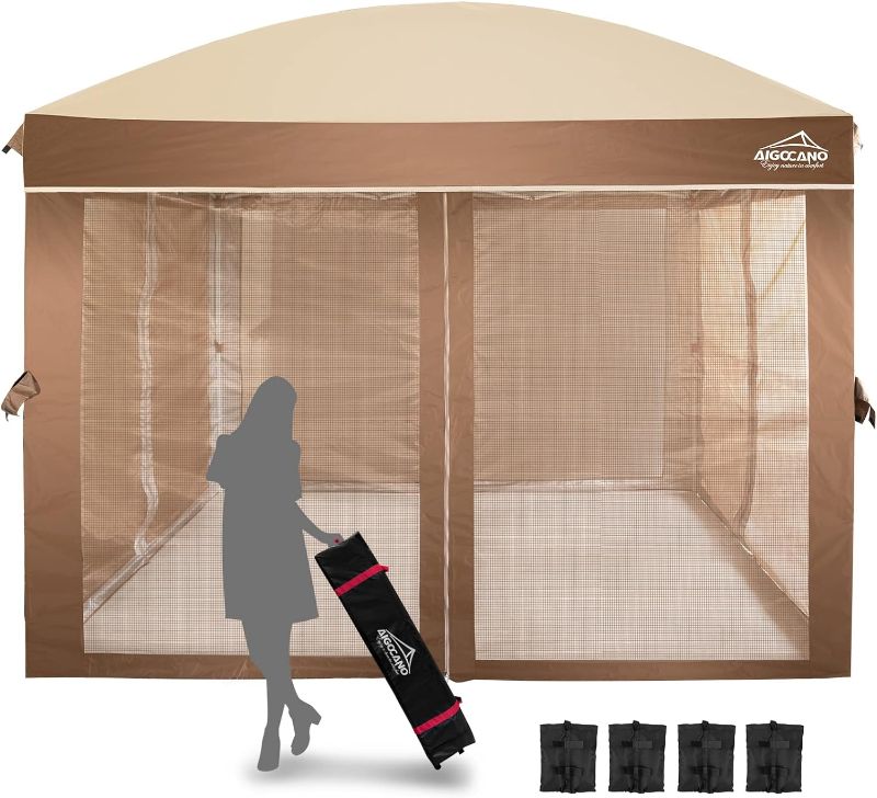 Photo 1 of Canopy Tent with Netting Screen,10x10 Easy Pop Up Gazebo for Outdoor Parties,Camping,Foldable Patio Gazebo with Roller Bag and 4 Sandbags(Brown)
