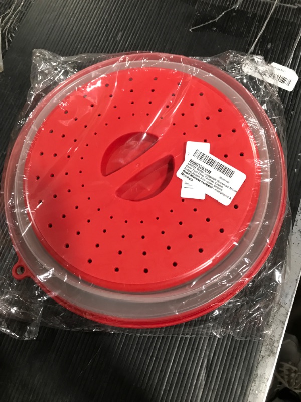 Photo 2 of ANZEKE Vented Collapsible Microwave Splatter Cover,Food Cover,Colander Kitchen Gadget,Include Anti-scald Silicone Mats,Dishwasher-safe,BPA-FreeSilicone & Plastic?2Set Grey And Red)