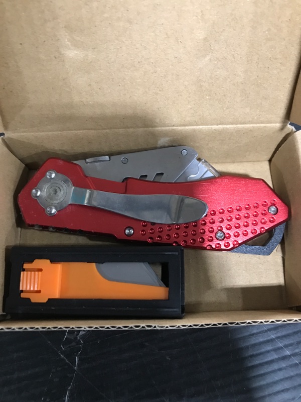 Photo 2 of Box Cutter Folding Work Knife- Utility Knife Heavy Duty, Razor Knives for Men Women, Package Opener with Belt Clip, Extra 10 Blades for Carpet, Cardboard, Construction, Warehouse, Moving Home (Red)