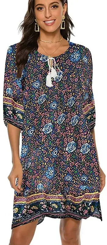 Photo 1 of [Size L] Halife Women's Vintage Ethnic Style Printed Tassel Tie Neck Loose Fit Bohemian Tunic Dress