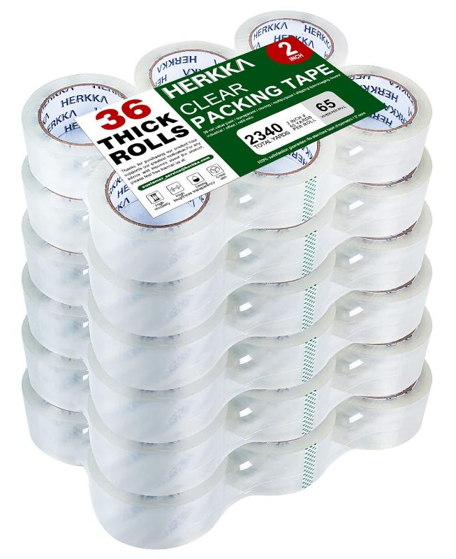 Photo 1 of HERKKA Clear Packing Tape, 36 Rolls Heavy Duty Packaging Tape for Shipping Packaging Moving Sealing, Thicker Clear Packing Tape, 2 inches Wide, 65 Yards Per Roll, 2340 Total Yards 36 PACK 2 INCH WIDE